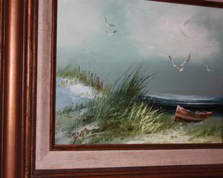 Small oil on canvas framed rowboat on beach