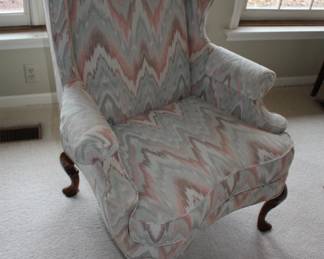 1 of 2 matching wing back chairs w/claw foot legs. no rips/stains/snags