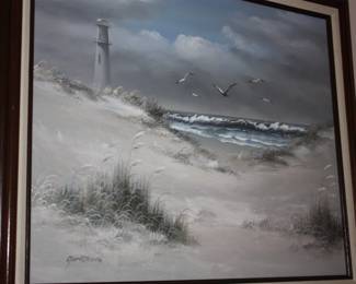 Oil on canvas framed lighthouse on beach scene   Armstrong