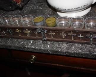 Wood 10 candle holder w/crosses on front
