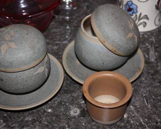 Pair stoneware incense burners w/lid & dish
