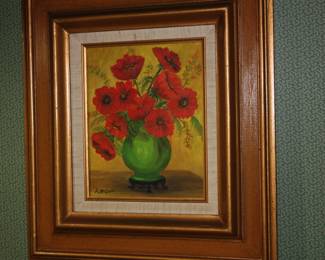 Gold frame oil on canvas small green vase w/red flowers