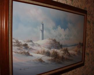 Framed oil on canvas beach lighthouse   R. Taylon