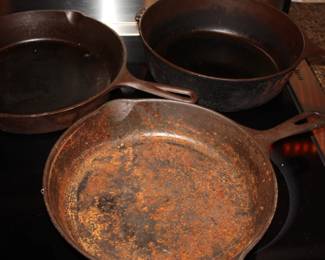 2 cast iron skillets  10 1/2"   and 1 Wagner 'O' deep cast iron skillet