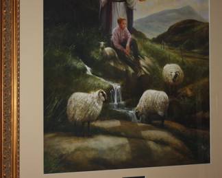 Gorgeous large matted/gold frame picture of Jesus & boy w/lambs