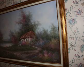 Framed oil on canvas cottage  Marten