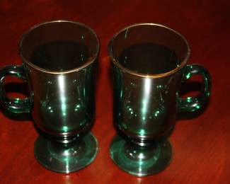 Pair aqua cups w/gold rims stemmed glasses