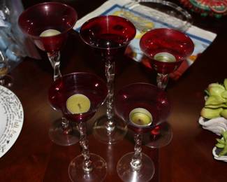 5 twist stem red tea candle holders - no chips or cracks
