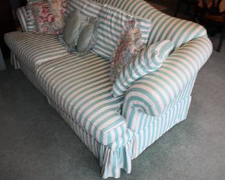 Beautiful green stripe love seat w/matching pillows  no rips/stains/snags