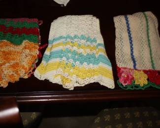3 crocheted vintage aprons 