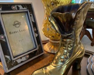 Mid Century Brass Victorian Shoe Vase, PartyLite Gold Mosaic Glass Tile Hurricane Candle Holder