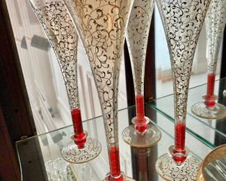 Set of 4 Pier One Red/Gold Champagne Flutes