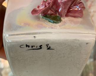 1992 Art Pottery Rose Floral Applied Vase - Signed Chris