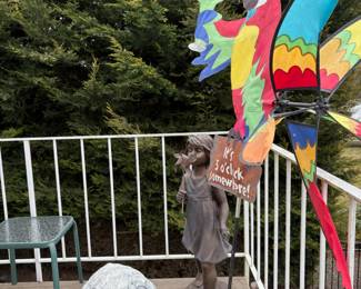 Concrete Turtle Statue, Bronze-Style Statue of a Girl with a Pinwheel, Parrot Themed Wind Spinner
