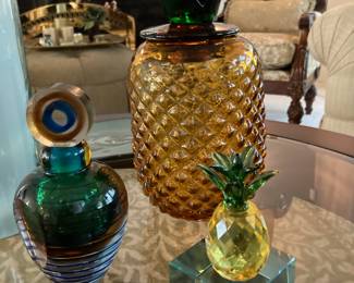 Saks Fifth Avenue Murano Glass Perfume Bottle, Amber Glass Pineapple Cookie Jar with Green Blown Glass Top, Crystal Pineapple Figurine, Mirrored Glass Cube Paperweight