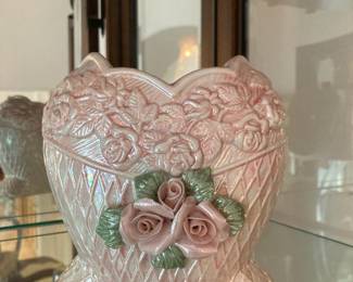 Pink Iridescent Heart Shaped Vase with Capodimonte Applied Roses