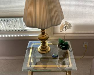 Brass Table Lamp, Glass Top Brass Framed Side Table