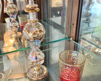 Blown Glass Egyptian Perfume Bottle, Villeroy and Boch Red & Gold Votive Candle Holder