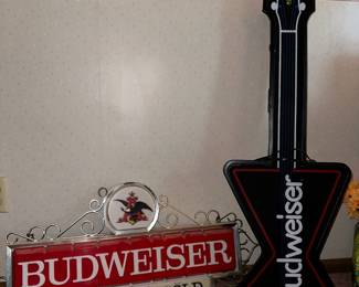 1960's Budweiser Carry Out Cold Lighted Beer Sign – 15" x 30" , 1986 Budweiser Bowtie Guitar Lighted Beer Sign – 41" x 14.5"