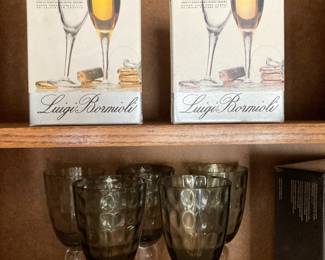 2 Boxes - Michelangelo Masterpiece Luigi Bormioli Crystal Liqueur Glasses, Set of 5 Jennifer Farrell Thumbprint Smokey Top Clear Ball Stem Goblets