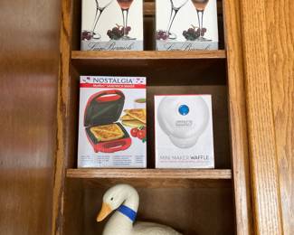 2 Boxes - Set of 4 Michelangelo Masterpiece Luigi Bormioli Blown Crystal Wine Glasses, Nostalgia My Mini Sandwich Maker, Dash Mini Waffle Maker, Swan Cookie Jar