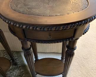 Pair of French Country Style Side Tables with Embossed Leather Top
