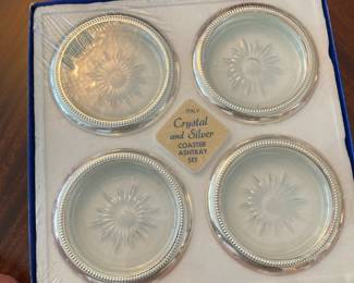 Set of 4 – Italian Leonard Crystal Glass Silver Plated Coaster/Ashtray Set