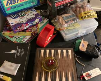 1995 Fast Lane 48 Car Carrying Case, 2007 Roll-It Tic-Tac-Toe Game, Compact Backgammon Board Game, 2005 UNO Attack! Electronic Card Game, Money Mill Motorized Automated Coin Bank