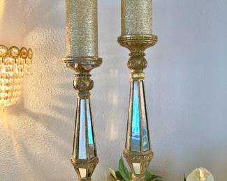 Pair of Mirrored Hollywood Regency Pillar Candle Holders, Pair of Gold Pillar Candles
