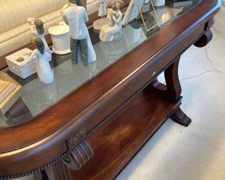 Glass Top Two Tier Console Table wit Starburst Wood Inlay