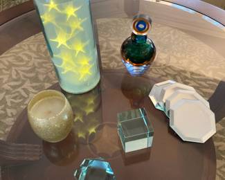Light-up Bottle with LED Star Lights, Saks Fifth Avenue Murano Glass Perfume Bottle, Blue and Green Crystal Geometric Prism, Mirrored Glass Cube Paperweight