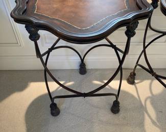 Pair of Wrought Iron Tuscan Style Side Tables with Leather Top