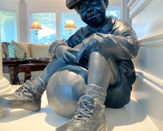 Pewter Color Boy with Soccer Ball Sculpture