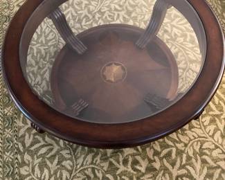 Traditional Round Coffee Table with Glass Inset and Starburst Wood Inlay