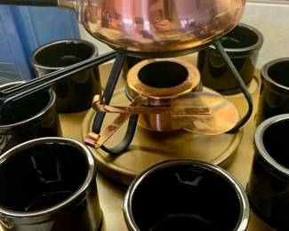 Copper & Brass Fondue Set with Lazy Susan and Bowls