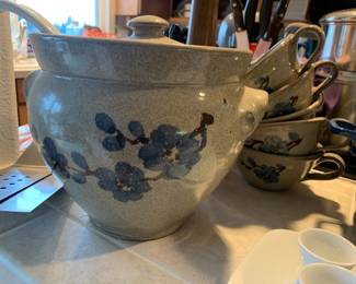 Old Time Pottery Soup Tureen with 5 Soup Bowls with Blue Floral Design