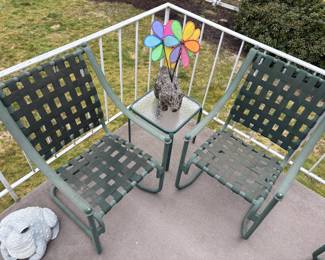 Pair of Green with Black Weaved Straps Cantilever Rocker Patio Chairs, Glass Top Side Table/Plant Stand