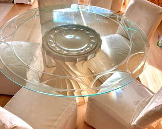 Round Glass Top Dining Table with 4 Covered Dining Chairs