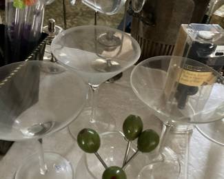 Set of 3 Clear Martini Glasses, Set of 4 Olive Themed Martini/Cocktail Picks