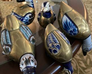 Set of 5 Brass & Ceramic Tonala Duck Figurines