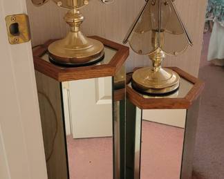 Pair of Glass Hexagonal Pedestal Column Tables, Two Brass Small Mini Touch Lamps with Tinted Gray Glass Etched Panels