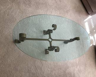 Oval Glass Top Coffee Table with Brass Scrolled Base