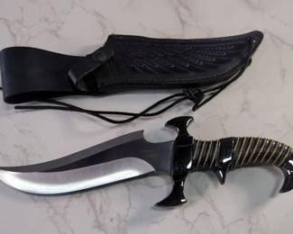 Hibben Knives Raven Fantasy Fighter Fixed Blade Knife Designed By Gil Hibben, 7.25" Blade, In Tooled Leather Sheath