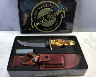 Schrade Uncle Henry 171UH Pro Hunter Fixed Blade Knife, 5.5" Clipped Blade, Stag Handle, With Leather Sheath And Whetstone, In Display Box