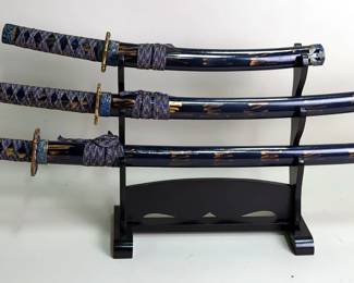 Katana, Wakizashi, And Tanto Sword Set, 28" 20" And 12.5" Blades, All In Matching Wood Scabbards, On Display Stand