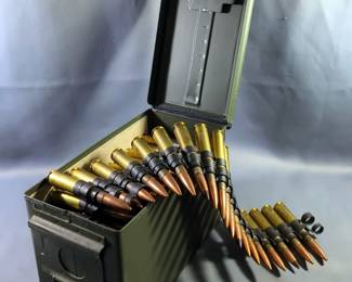 50 BMG Ammo In Link Belt, Approx 98, In Metal Ammo Can, 11" x 7" x 6"