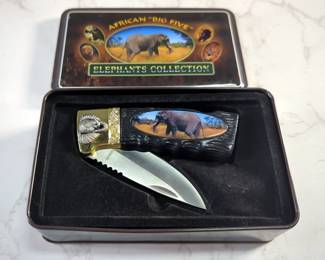 King Stone Collections African 'Big Five' Series Elephant Folding Knife, 3.25" Blade, In Collectors Tin 
