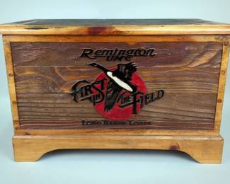 Remington 'First In The Field' Chest, Carved Facade, Hinged Lid, 16.5" H x 26" L x 13.75" D