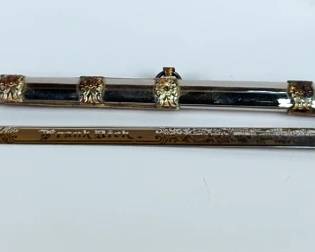Knights Of Columbus Ceremonial Sword By The McLilley & Co, 30" Embossed Blade, In Metal Scabbard With High Relief Decor And Cloth Case