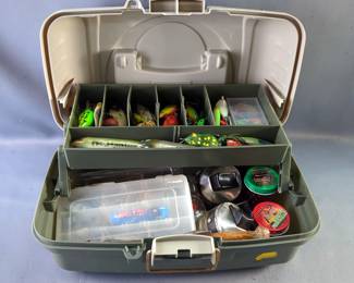 Plano The Big One Tray Tacklebox, With Contents Including Reels, Lures, Bobbers, Bait, And J. Marttiini Finland Filet Knife In Leather Sheath